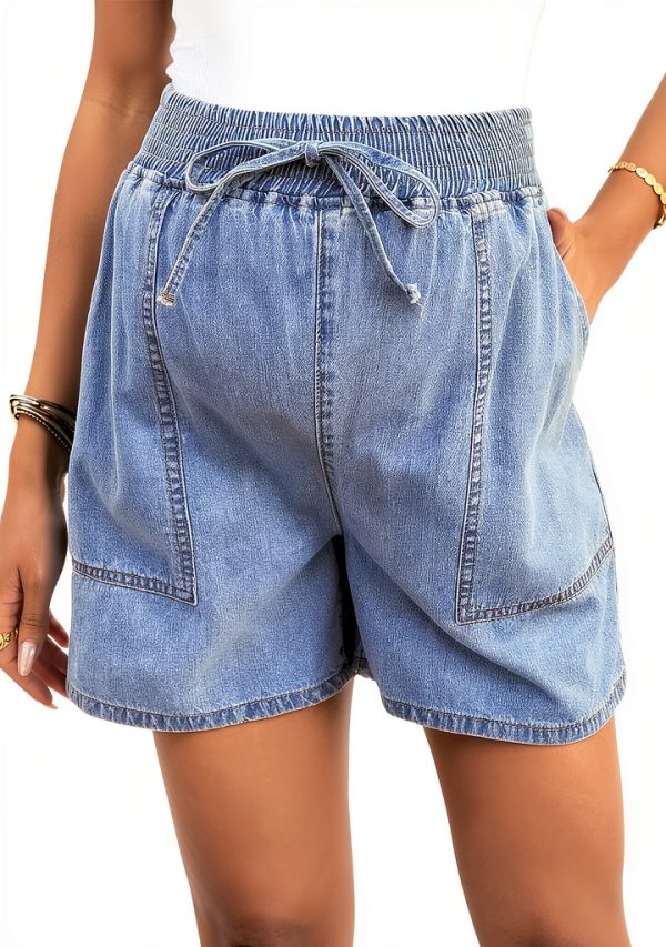 MakeMeChic Women's Maternity Denim Shorts Waisted Tie Front Blue-1