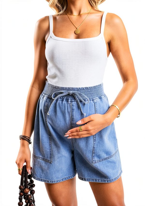 MakeMeChic Women's Maternity Denim Shorts Waisted Tie Front Blue-3