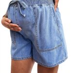 MakeMeChic Women's Maternity Denim Shorts Waisted Tie Front Blue-0