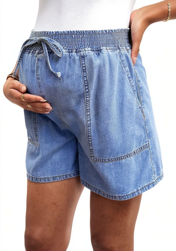 MakeMeChic Women's Maternity Denim Shorts Waisted Tie Front Blue-0